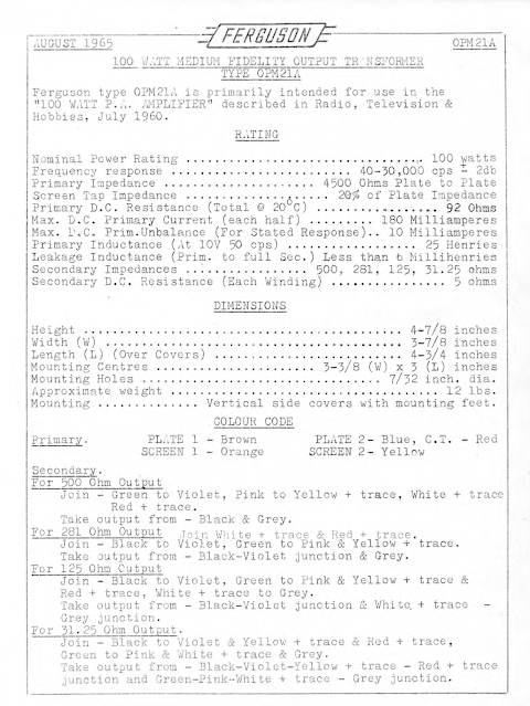 Ferguson OMP21A transformer datasheet Ferguson OMP21A transformer datasheet