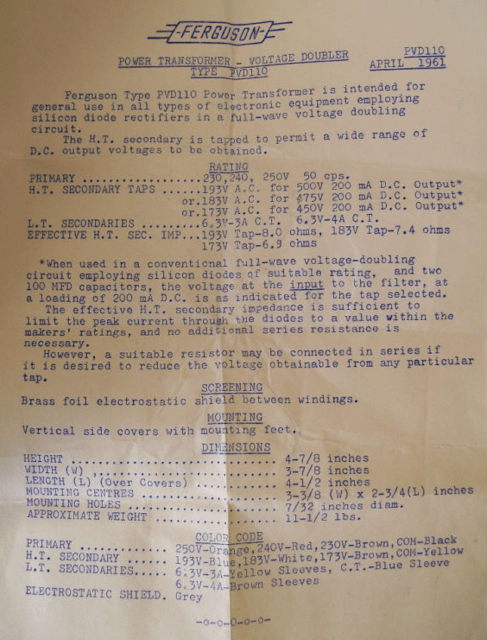 Ferguson PVD110 transformer datasheet Ferguson PVD110 transformer datasheet
