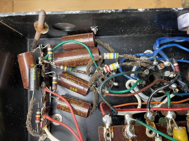 Goldentone 1776 vintage guitar amplifier circuit gut shot Goldentone 1776 vintage guitar amplifier circuit gut shot showing the tremolo section