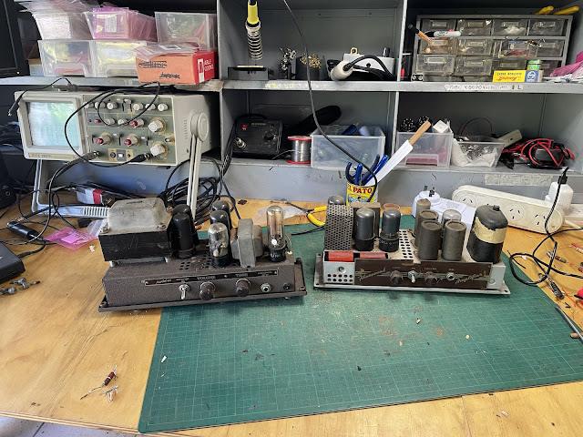 Bell & Howell projector amps on workbench