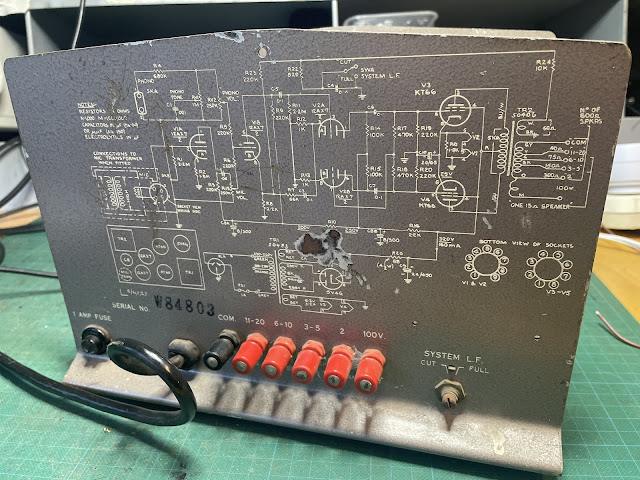 AWA PA872 rear panel with schematic and output transformer terminal strip