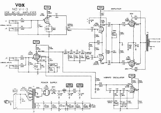 VOX AC-10 Schematic NO. V-1-3. Vintage guitar amp schematic VOX AC-10 Schematic NO. V-1-3. Vintage guitar amp schematic