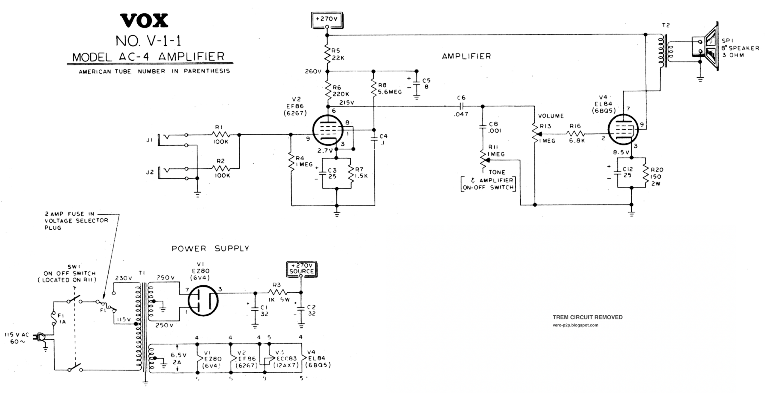 Vox Ac-4 guitar amp schematic - no trem Vox Ac-4 guitar amp schematic - no trem