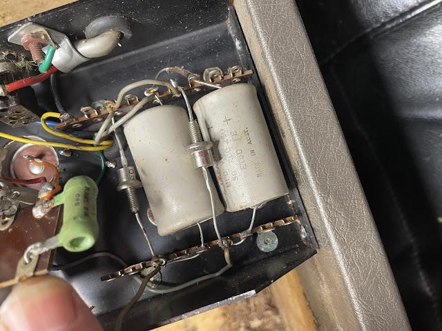 Goldentone 1776 vintage guitar amplifier circuit gut shot Goldentone 1776 vintage guitar amplifier circuit gut shot showing the power section
